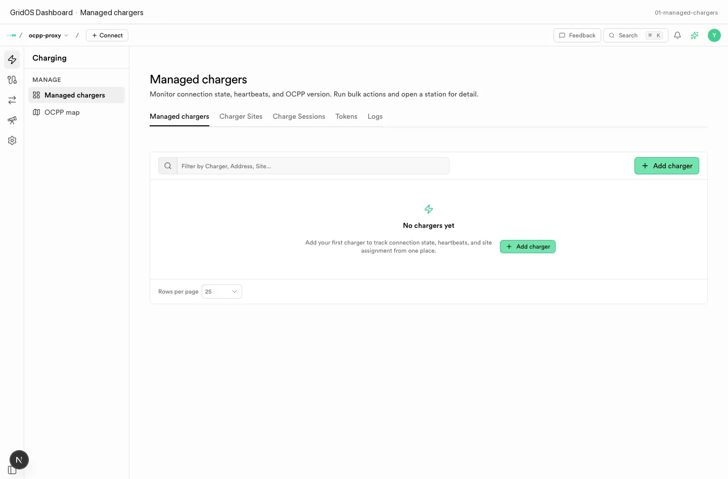 Managed chargers list with create control