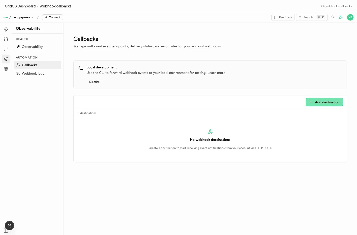 Webhook callback registration in Dashboard