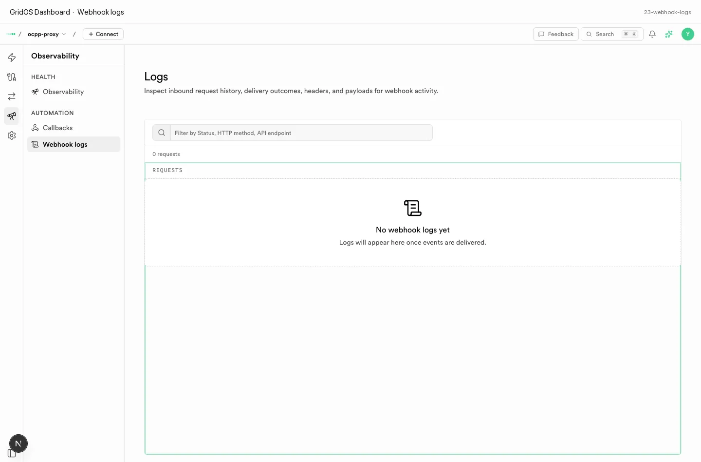 Webhook delivery logs with status codes and retries